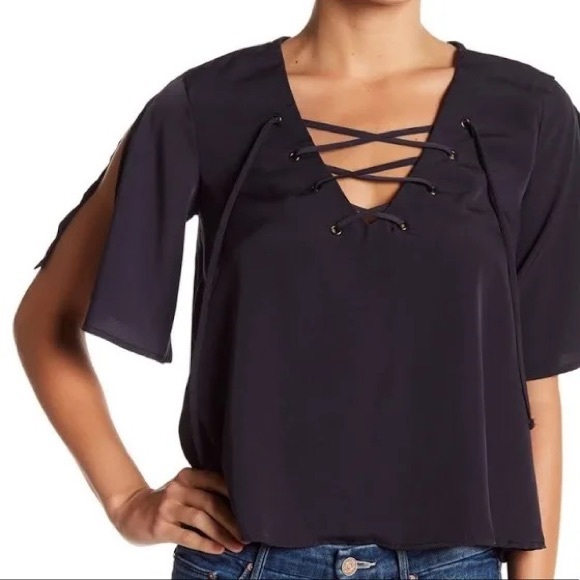 Madison & Berkeley Tops - Dark Gray Flutter Sleeve Lace Up Blouse